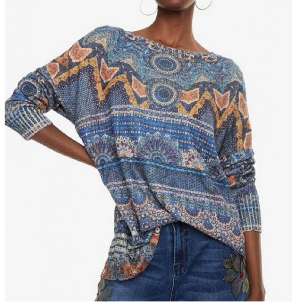 Desigual Small Paisley Sequin Abstract Long Sleeve Top NWOT